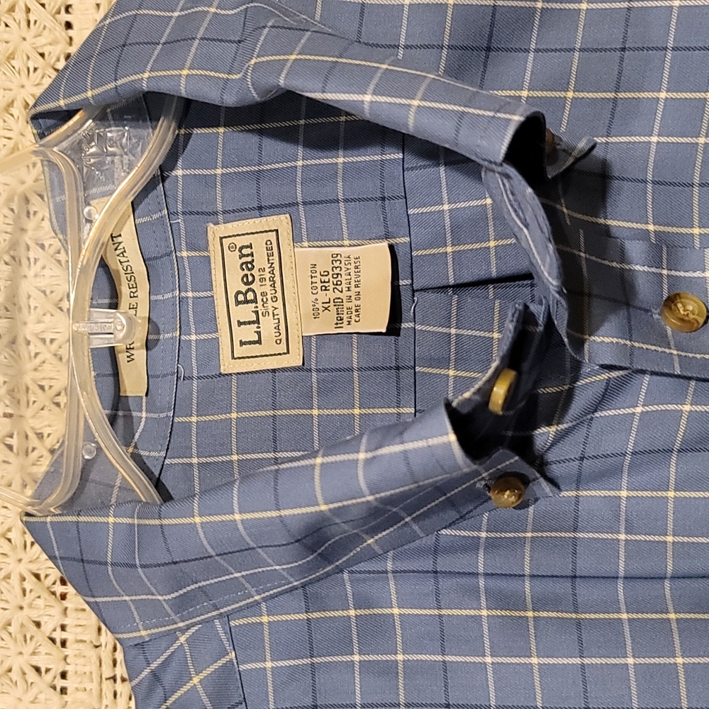 LL Bean shirt short sleeve plaid blue men's button down XL cotton office preppy
